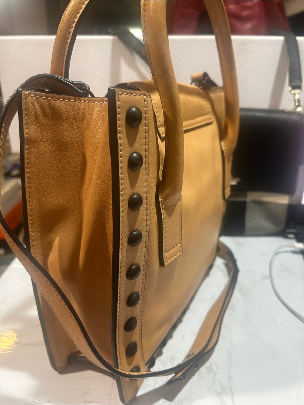 Loeffler Randall Leather Stud-Trim Satchel Bag in Tan - Picture 3 of 8